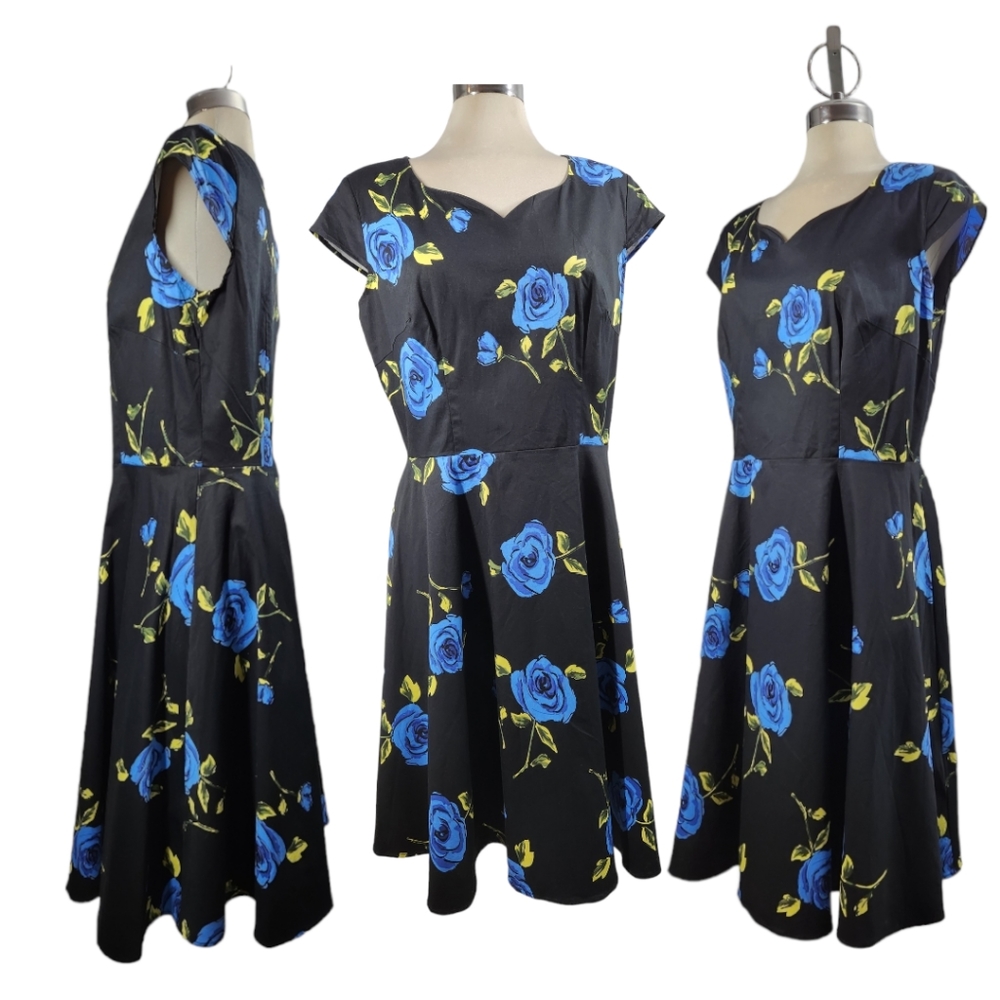 Dress Tells Luxury midi dress black with flower pattern Flare Dress Size XL